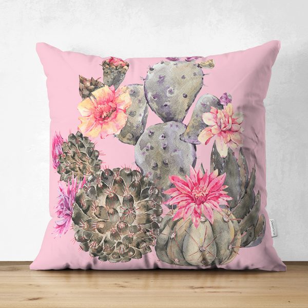 Çift Taraflı Renkli Zemin Üzerinde Kaktüs Desenli Dijital Baskılı Modern Süet Yastık Kırlent Kılıfı Realhomes