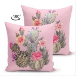 Çift Taraflı Renkli Zemin Üzerinde Kaktüs Desenli Dijital Baskılı Modern Süet Yastık Kırlent Kılıfı Realhomes