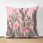 Çift Taraflı Renkli Zemin Üzerinde Kaktüs Desenli Dijital Baskılı Modern Süet Yastık Kırlent Kılıfı Realhomes