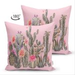 Çift Taraflı Renkli Zemin Üzerinde Kaktüs Desenli Dijital Baskılı Modern Süet Yastık Kırlent Kılıfı Realhomes