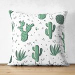 Çift Taraflı Beyaz Zeminli Renkli Kaktüs Desenli Dijital Baskılı Modern Süet Yastık Kırlent Kılıfı Realhomes
