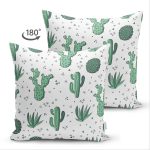 Çift Taraflı Beyaz Zeminli Renkli Kaktüs Desenli Dijital Baskılı Modern Süet Yastık Kırlent Kılıfı Realhomes