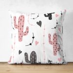 Çift Taraflı Beyaz Zeminli Renkli Kaktüs Desenli Dijital Baskılı Modern Süet Yastık Kırlent Kılıfı Realhomes