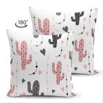 Çift Taraflı Beyaz Zeminli Renkli Kaktüs Desenli Dijital Baskılı Modern Süet Yastık Kırlent Kılıfı Realhomes