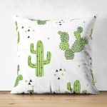 Çift Taraflı Beyaz Zeminli Renkli Kaktüs Desenli Dijital Baskılı Modern Süet Yastık Kırlent Kılıfı Realhomes