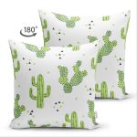 Çift Taraflı Beyaz Zeminli Renkli Kaktüs Desenli Dijital Baskılı Modern Süet Yastık Kırlent Kılıfı Realhomes