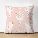 Çift Taraflı Renkli Zemin Üzerinde Kaktüs Desenli Dijital Baskılı Modern Süet Yastık Kırlent Kılıfı Realhomes