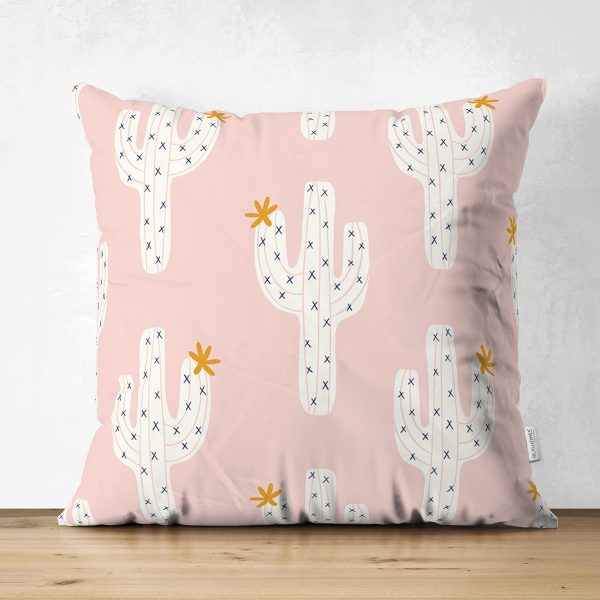 Çift Taraflı Siyah Zemin Üzerinde Kaktüs Desenli Dijital Baskılı Modern Süet Yastık Kırlent Kılıfı Realhomes