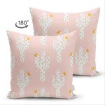 Çift Taraflı Renkli Zemin Üzerinde Kaktüs Desenli Dijital Baskılı Modern Süet Yastık Kırlent Kılıfı Realhomes