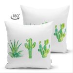 Çift Taraflı Beyaz Zemin Üzerinde Kaktüs Desenli Dijital Baskılı Modern Süet Yastık Kırlent Kılıfı Realhomes