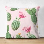 Çift Taraflı Renkli Zemin Üzerinde Kaktüs Desenli Dijital Baskılı Modern Süet Yastık Kırlent Kılıfı Realhomes
