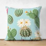 Çift Taraflı Renkli Zemin Üzerinde Kaktüs Desenli Dijital Baskılı Modern Süet Yastık Kırlent Kılıfı Realhomes