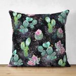 Çift Taraflı Siyah Zemin Üzerinde Kaktüs Desenli Dijital Baskılı Modern Süet Yastık Kırlent Kılıfı Realhomes