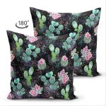 Çift Taraflı Siyah Zemin Üzerinde Kaktüs Desenli Dijital Baskılı Modern Süet Yastık Kırlent Kılıfı Realhomes