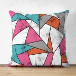 Çift Taraflı Renkli Geometrik Desenli Mermer Motifli Dijital Baskılı Modern Süet Kırlent Kılıfı Realhomes