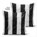 Çift Taraflı Mermer Zeminli Siyah Çizgili Dijital Baskılı Modern Süet Yastık Kırlent Kılıfı Realhomes