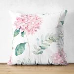 Çift Taraflı Beyaz Zeminli Yeşil Yapraklı Ortanca Çiçek Dijital Baskılı Modern Süet Kırlent Kılıfı Realhomes