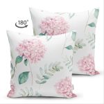 Çift Taraflı Beyaz Zeminli Yeşil Yapraklı Ortanca Çiçek Dijital Baskılı Modern Süet Kırlent Kılıfı Realhomes