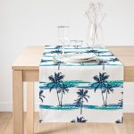 Realhomes Mavi Yeşil Palmiye Çizimli Dekoratif Süet Runner Realhomes