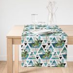 Realhomes Mavi Geometrik Palmiye Desenleri Dekoratif Süet Runner Realhomes