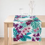 Realhomes Turkuaz Temalı Eflatun Çiçek Desenli Dekoratif Süet Runner Realhomes