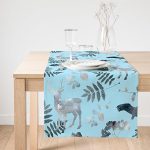 - SuetRunner-3039-Gorsel1 - Realhomes  Realhomes Mavi Zeminli Geyik ve Yaprak Desenli Dekoratif Özel Tasarım Süet Runner Realhomes