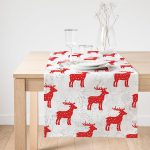 Realhomes Gri Zeminli Kırmızı Geyik Motifli Özel Tasarım Modern Süet Runner Realhomes