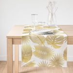 Realhomes Beyaz Zeminde Vizon Yapraklar Dijital Baskılı Süet Runner Realhomes