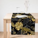 - SuetRunner-3169-Gorsel1 - Realhomes  Realhomes Siyah Zeminde Altın Yapraklar Desenli Dekoratif Özel Tasarım Süet Runner Realhomes