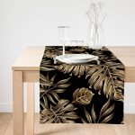 Realhomes Siyah Zeminde Altın Renkli Yapraklar Desenli Özel Tasarım Süet Runner Realhomes