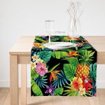 Realhomes Siyah Zeminli Geometrik Yapraklar Desenli Özel Tasarım Süet Runner Realhomes