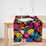 Realhomes Siyah Zeminde Renkli Yaprak Tasarımlı Dijital Baskılı Süet Runner Realhomes