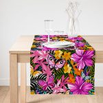 Realhomes Siyah Zeminde Tropikal Desenli Özel Tasarımlı Süet Runner Realhomes