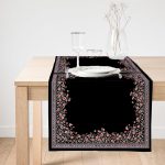 Realhomes Siyah Zeminde Pembe Çiçekler Özel Tasarım Dijital Baskılı Modern Süet Runner Realhomes