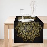 Realhomes Siyah Zeminde Gold Mandala Motifli Süet Runner Realhomes
