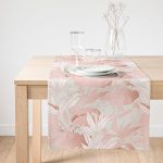 Realhomes Gri Zemin Üzerinde Pembe Özel Tasarım Yaprak Motifli Süet Runner Realhomes