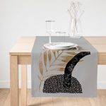 Realhomes Gri Zeminde Gold Yaprak Motifli Dekoratif Süet Runner Realhomes