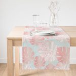 Realhomes Renkli Zemin Üzerinde Tropikal Pembe Beyaz Yaprak Desenli Süet Runner Realhomes