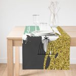 Realhomes Kafes Ve Kuş Motifli Gold Modern Motifler Dijital Baskılı Özel Tasarım Süet Runner Realhomes