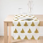 Realhomes Beyaz Zeminde Gold Renkli Çam Ağacı Desenli Dijital Baskılı Özel Tasarım Süet Runner Realhomes