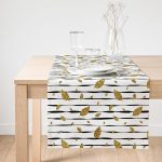 Realhomes Siyah Beyaz Zeminli Gold Yaprak Desenli Dijital Baskılı Özel Tasarım Süet Runner Realhomes