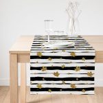 Realhomes Siyah Beyaz Zeminli Gold Yaprak Desenli Dijital Baskılı Özel Tasarım Süet Runner Realhomes