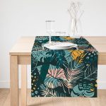 Realhomes Siyah Zeminde Renkli Yaprak Desenli Dijital Baskılı Özel Tasarım Süet Runner Realhomes