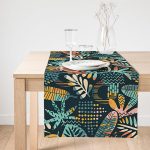 Realhomes Siyah Zemin Üzerinde Onedraw Çizimli Yaprak Motifli Dijital Baskılı Özel Tasarım Süet Runner Realhomes