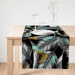 Realhomes Siyah Zemin Üzerinde Yaprak Desenli Dijital Baskılı Özel Tasarım Süet Runner Realhomes