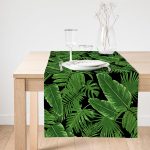 Realhomes Siyah Zemin Üzerinde Yeşil Yaprak Desenli Dijital Baskılı Özel Tasarım Süet Runner Realhomes