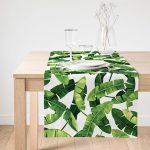 Realhomes Beyaz Zemin Üzerinde Yeşil Yaprak Desenli Dijital Baskılı Özel Tasarım Süet Runner Realhomes