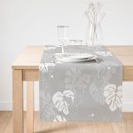 Realhomes Gri Zemin Üzerinde Beyaz Yaprak Desenli Dijital Baskılı Özel Tasarım Süet Runner Realhomes