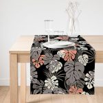 Realhomes Siyah Zemin Üzerinde Renkli Yaprak Desenli Dijital Baskılı Özel Tasarım Süet Runner Realhomes