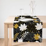 Realhomes Siyah Zemin Üzerinde Gold Detaylı Yaprak Desenli Dijital Baskılı Özel Tasarım Süet Runner Realhomes